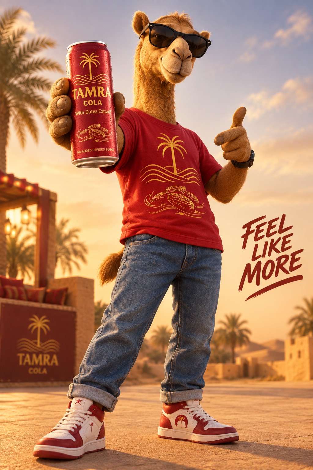 TAMRA Cola character holding a can with the Feel Like More message
